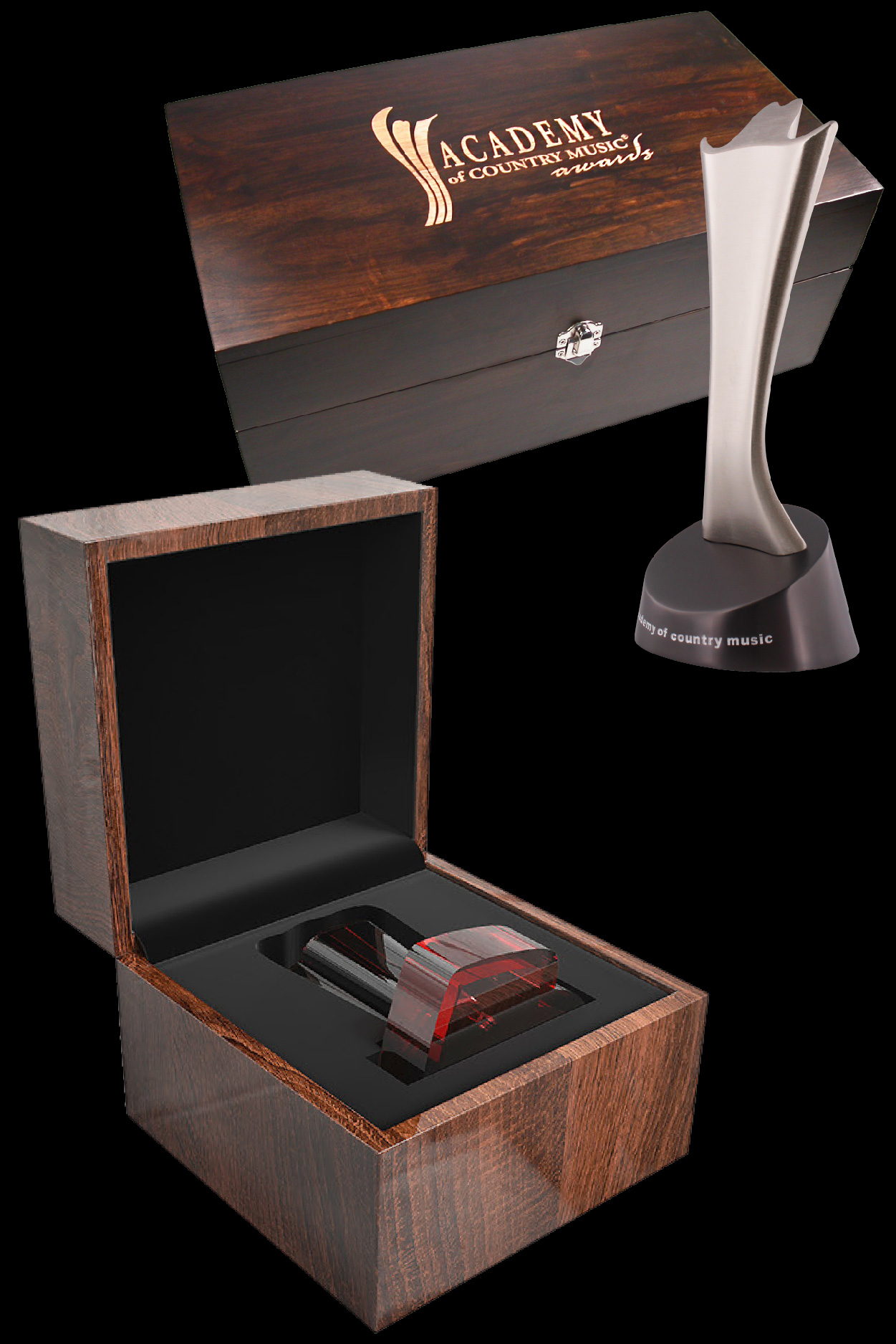 ACMA Academy of Country Music Award trophy in a custom wood case